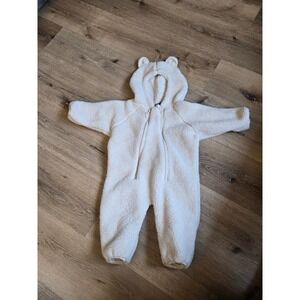 LL Bean Infant Fleece Sherpa Bunting One Piece Bear Ears Cream 3–6M Mittens Feet